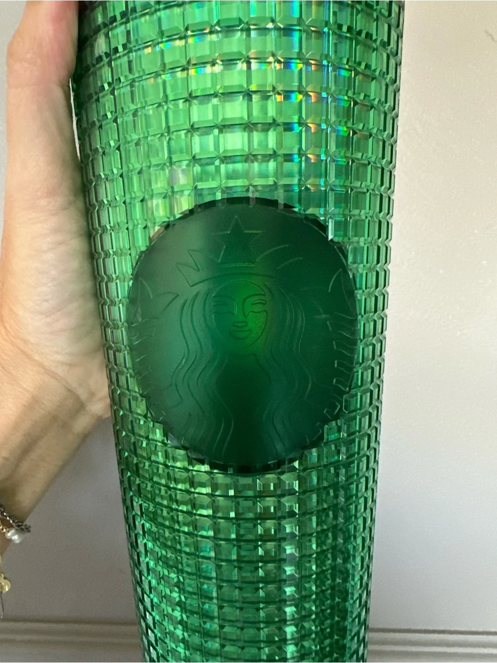 Starbucks Iridescent Green Studded Tumbler with Pink Rim and Green Straw